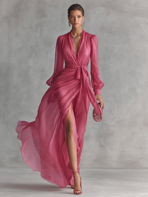 Abito lungo in chiffon rosa elegante con perle e scollo a V per donna