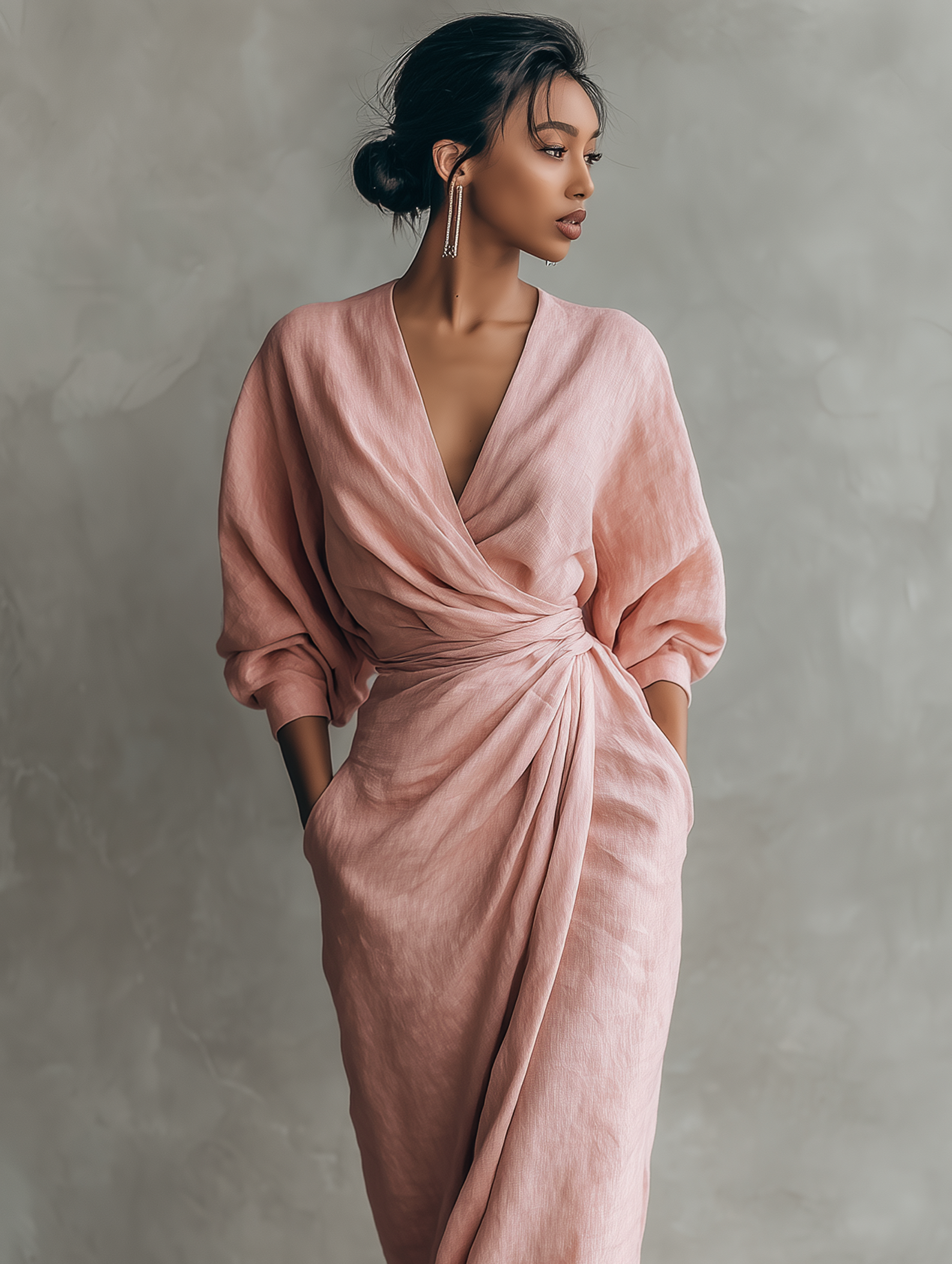 Abito Maxi Minimalista Rosa con scollo a V in misto Lino da Donna