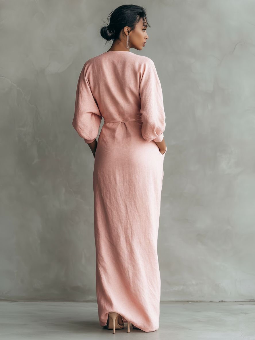 Abito Maxi Minimalista Rosa con scollo a V in misto Lino da Donna