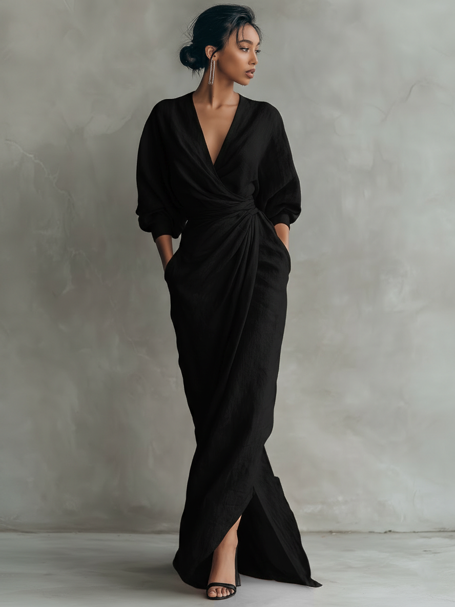 Abito Maxi Minimalista Rosa con scollo a V in misto Lino da Donna