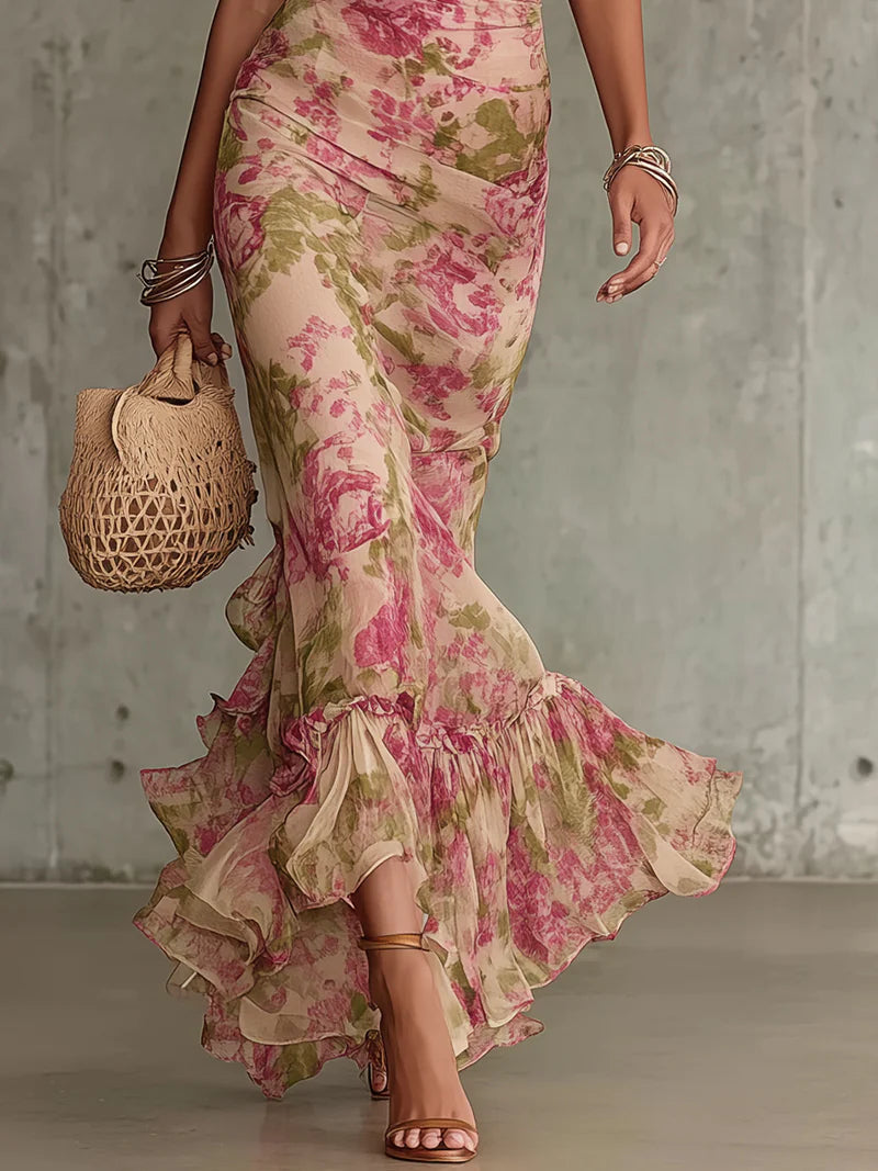 Fiora ∙ Abito lungo con stampa vintage a rose e maniche a sbuffo