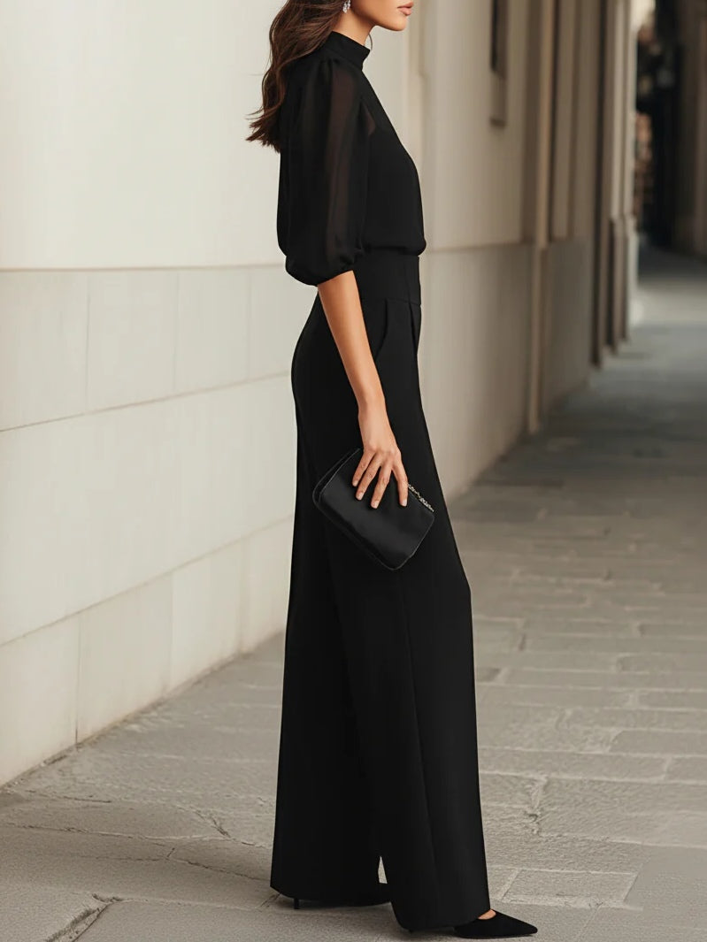 Valentina | Set da tre pezzi nero, composto da top camisole trasparente e pantaloni a gamba larga