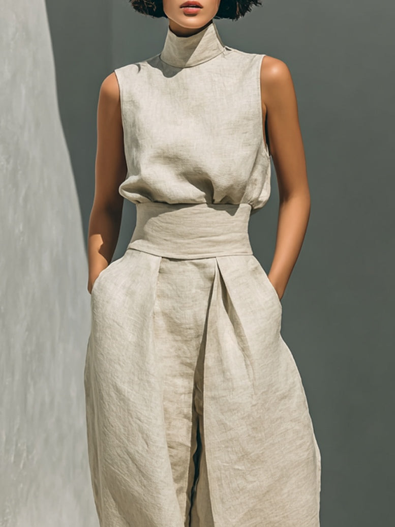 Aurora | Set composto da top senza maniche beige in misto cotone-lino finto e pantaloni a gamba larga