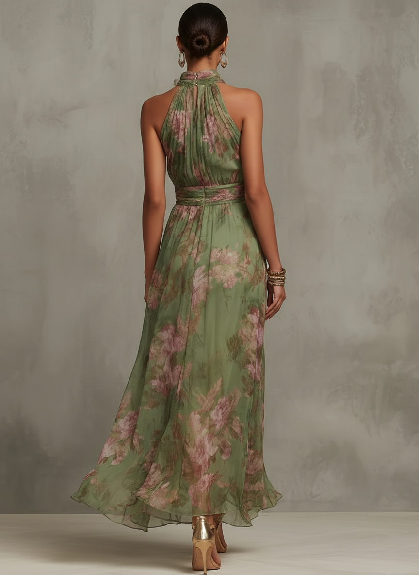 Serena ∙ Abito lungo verde floreale in chiffon con scollo a halter