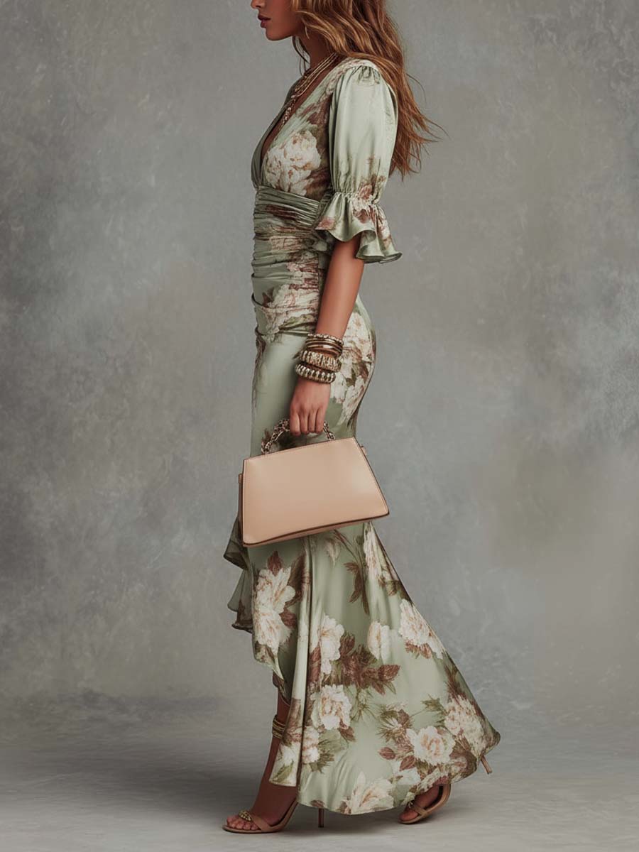 Anna | Abito satin floreale scollo V