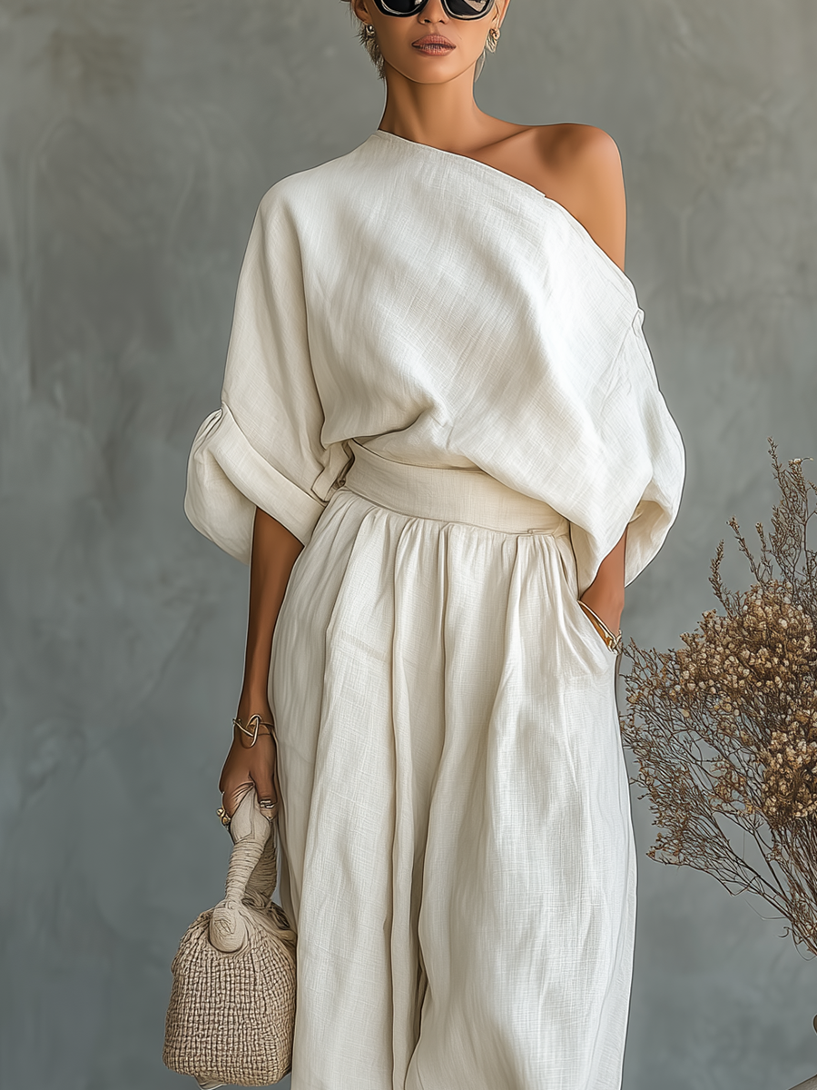 Set Donna in Lino Off-White con Top Scollo Off-Shoulder e Pantaloni Tapered