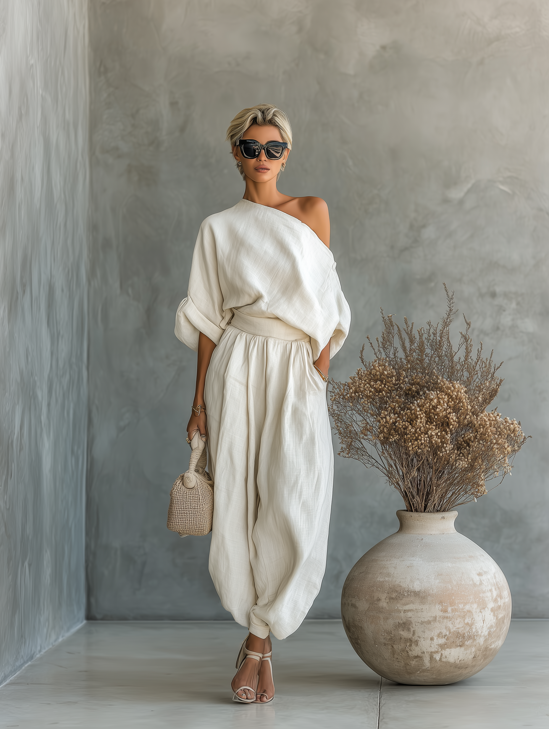 Set Donna in Lino Off-White con Top Scollo Off-Shoulder e Pantaloni Tapered